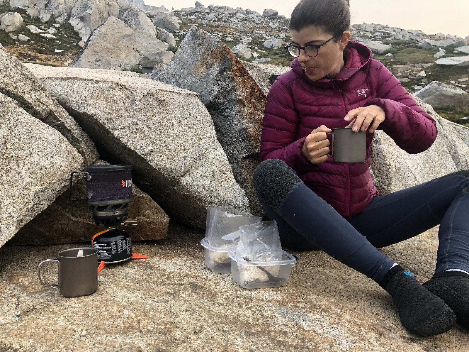 Colleen with our breakfast setup