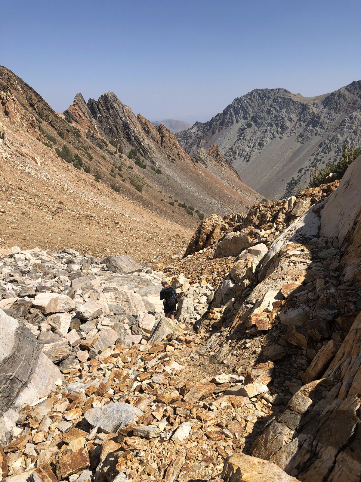 Rocky mountain valley with scattered talus and distant peaks