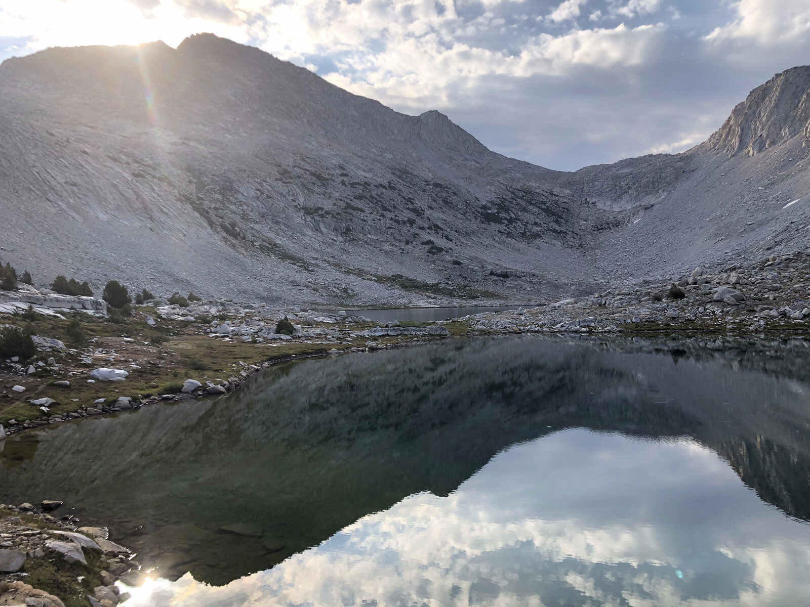 Serene alpine lake with perfectly mirrored mountain reflection
