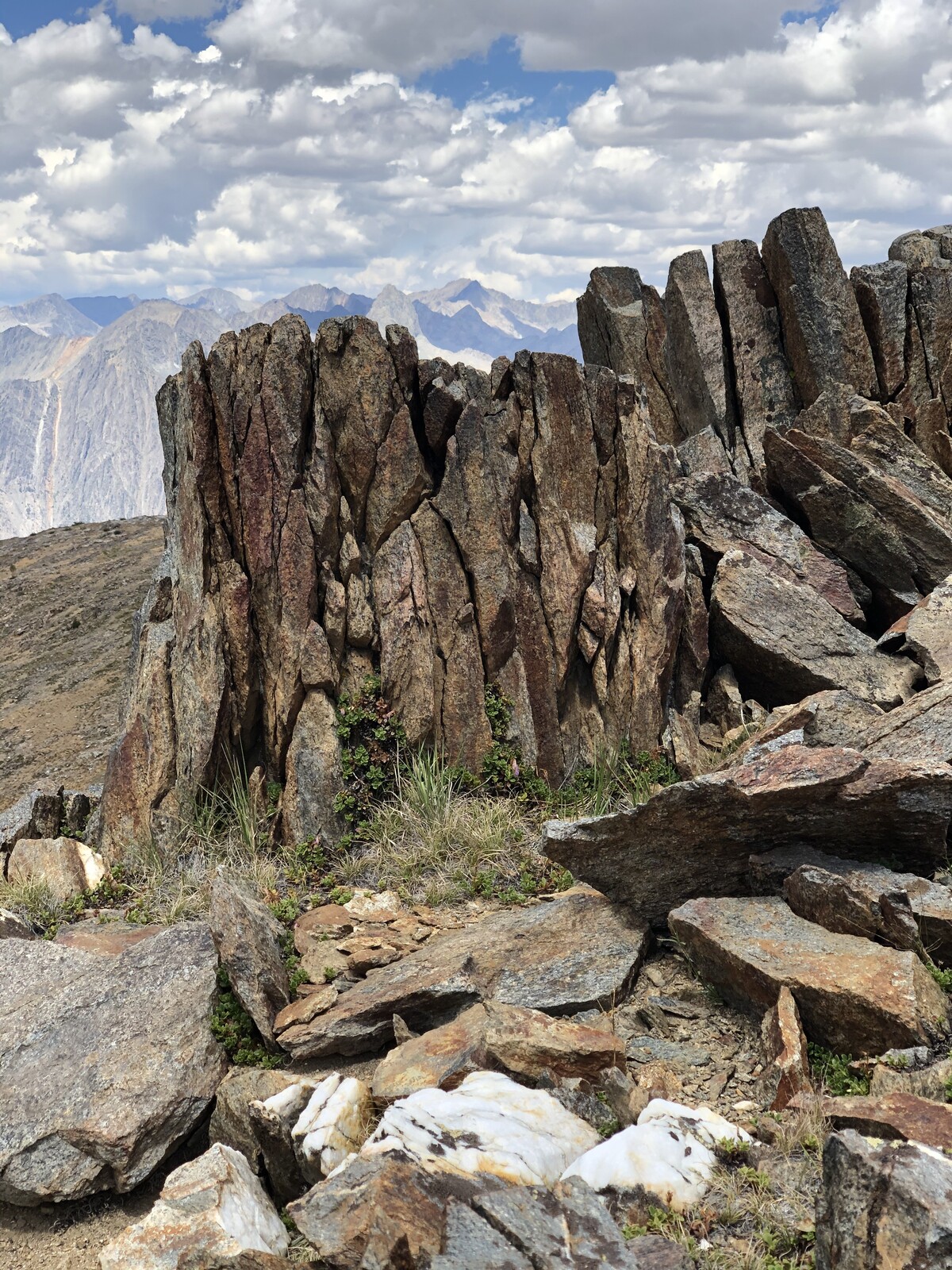 Columnar rock formations with valley vista in background