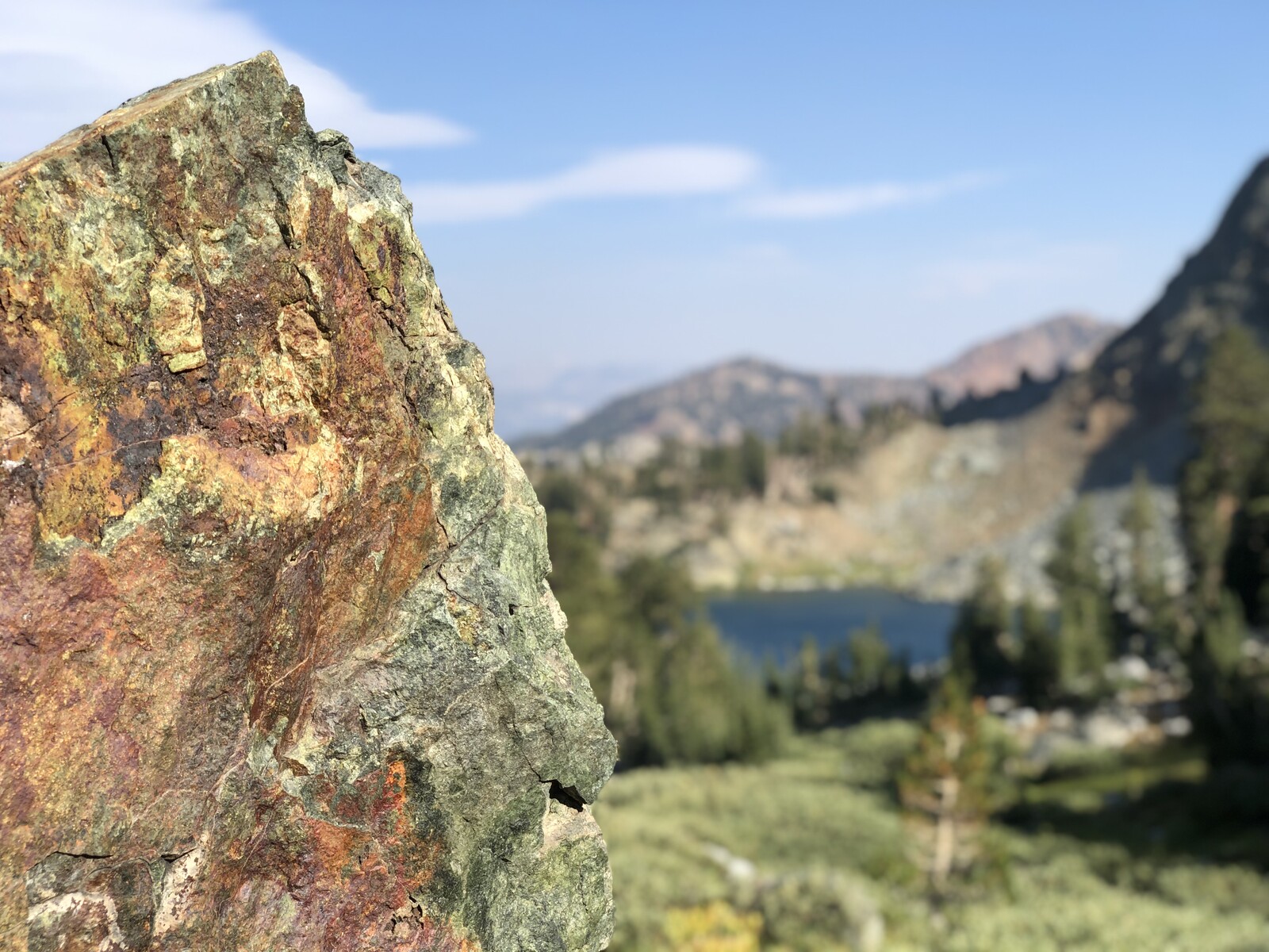 Lichen-covered boulder with alpine lake and peaks beyond