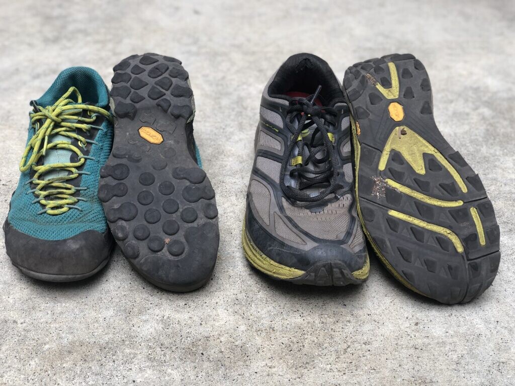 Our shoes at the end. Tread lugs nearly too low for traction. Surprisingly not torn to shreds.